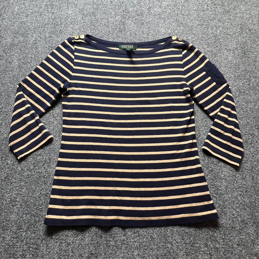 Ralph Lauren Petite M Navy Gold Striped Boat Neck Button Top Nautical Metallic